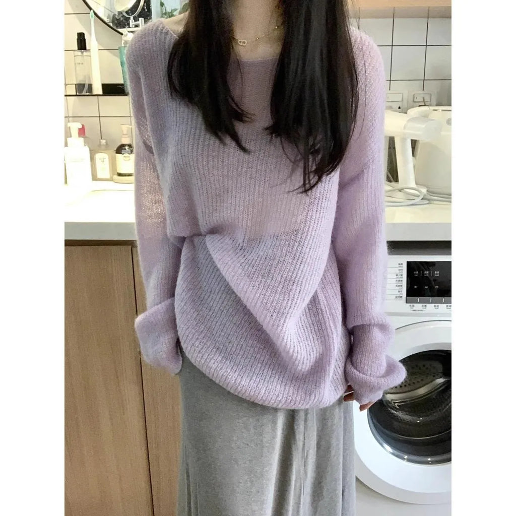 Purple women's blouse with princess sleeves and hollow out detailing, made from ice silk fabric.