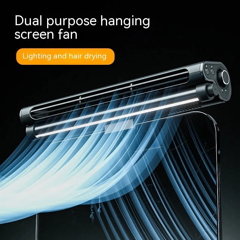 Black bladeless USB fan with clip attached to laptop screen showing lighting lamp function