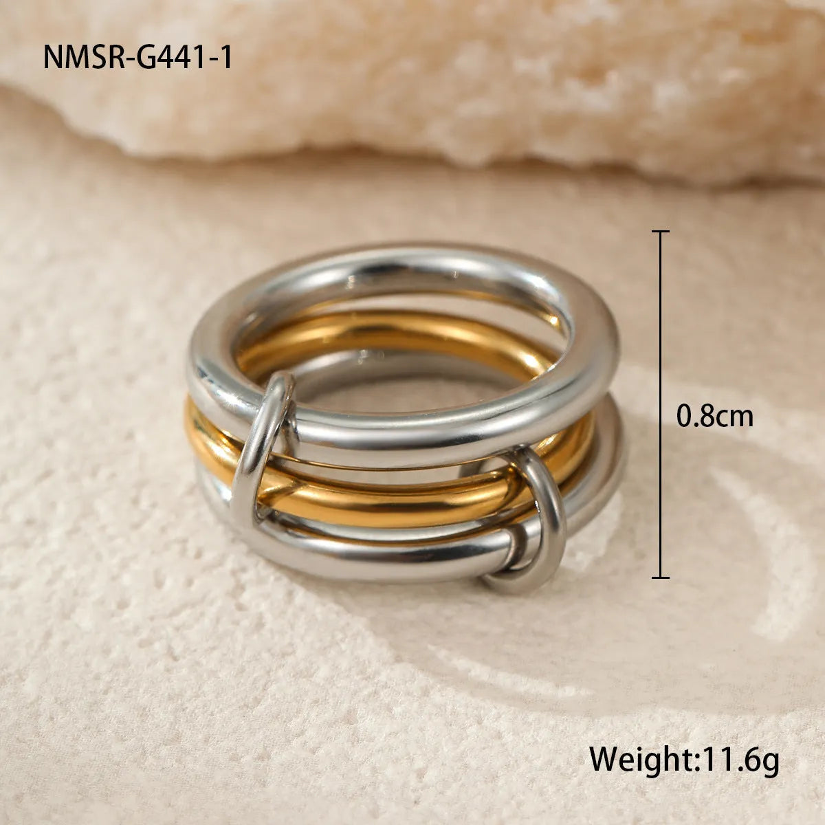 Stacked stainless steel rings with 18K gold plating in three colour options for women's hand jewellery