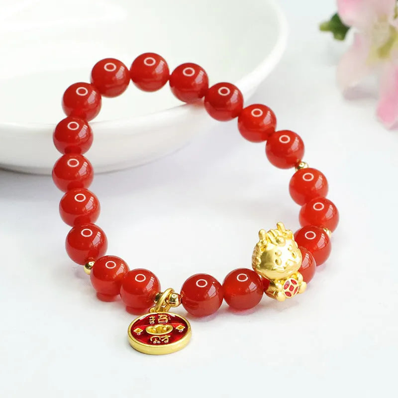 Red agate dragon zodiac bracelet with 8mm beads in traditional Chinese style