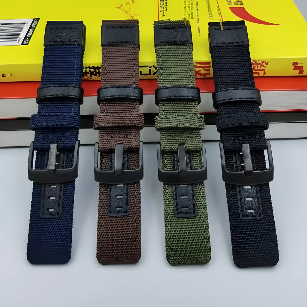 Oxford cloth canvas watch strap in camouflage colour showing buckle and fabric texture.