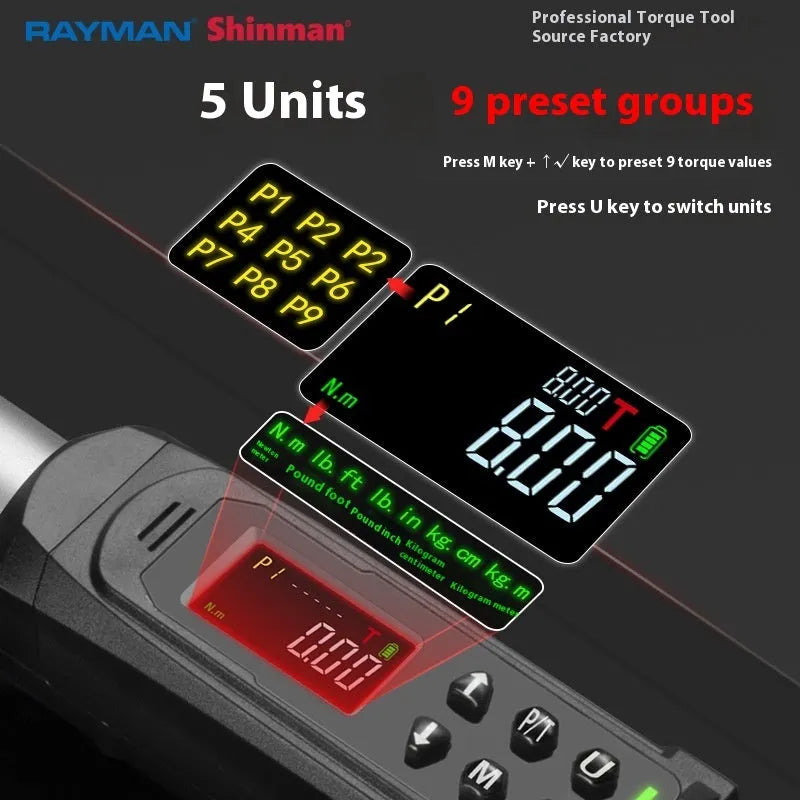 Electronic digital torque wrench with display showing torque measurement and chrome-vanadium steel construction
