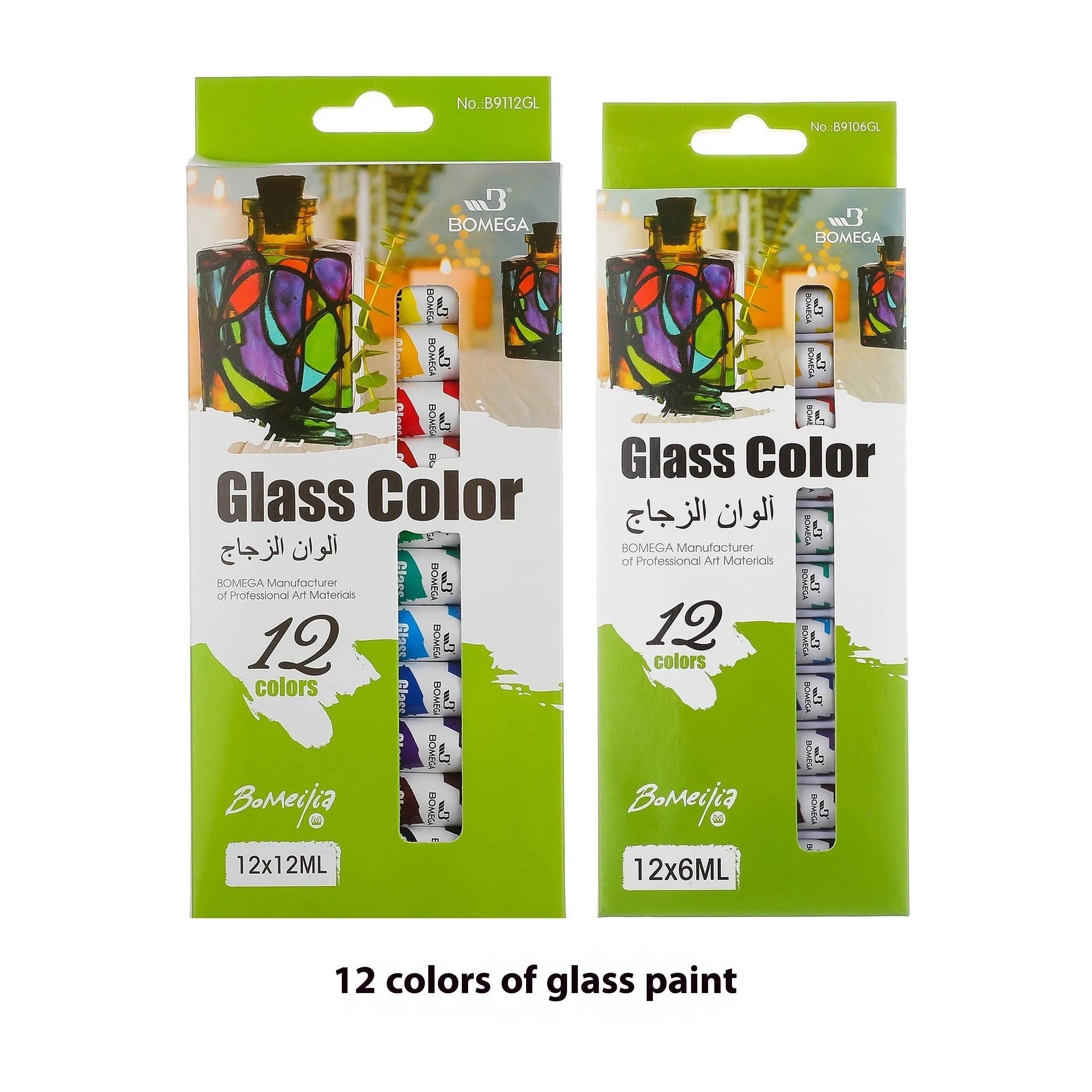 Set of 12-colour paint tubes for acrylic, gouache, watercolour, oil, glass, and textile painting organised in strips.