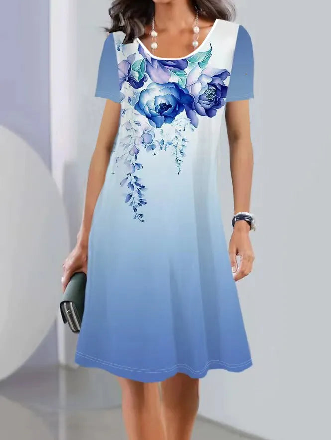 Floral print A-line summer dress in ice silk polyester fabric with short sleeves