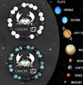 Two natural stone beaded bracelets representing zodiac signs displayed on a neutral background