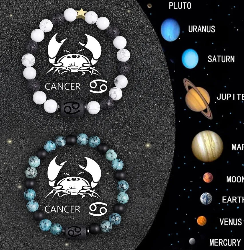 Two natural stone beaded bracelets representing zodiac signs displayed on a neutral background