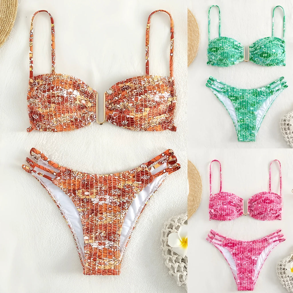 Women's high-waisted floral bikini swimsuit in blue, orange, pink, or rose red on a mannequin