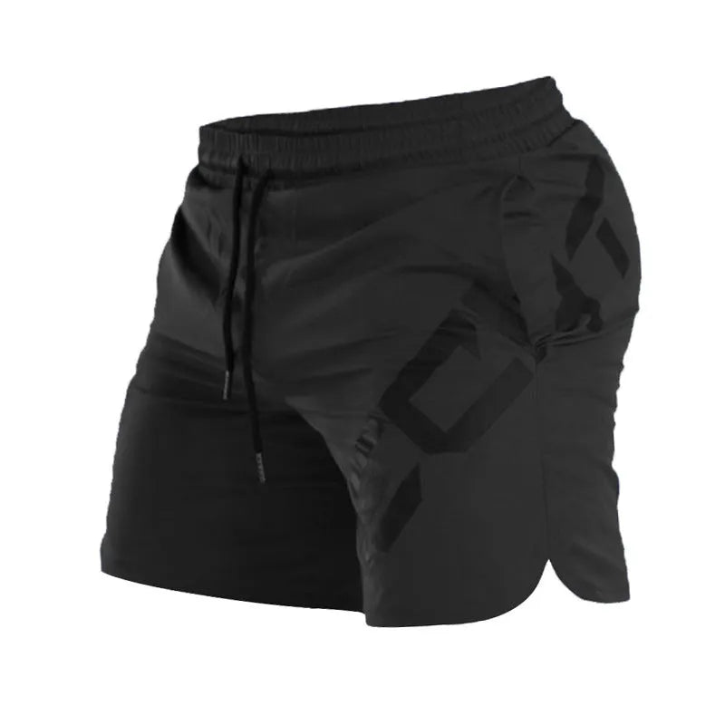 Men's black elastic training shorts with a mid-waist and knee-length cut for summer sports.
