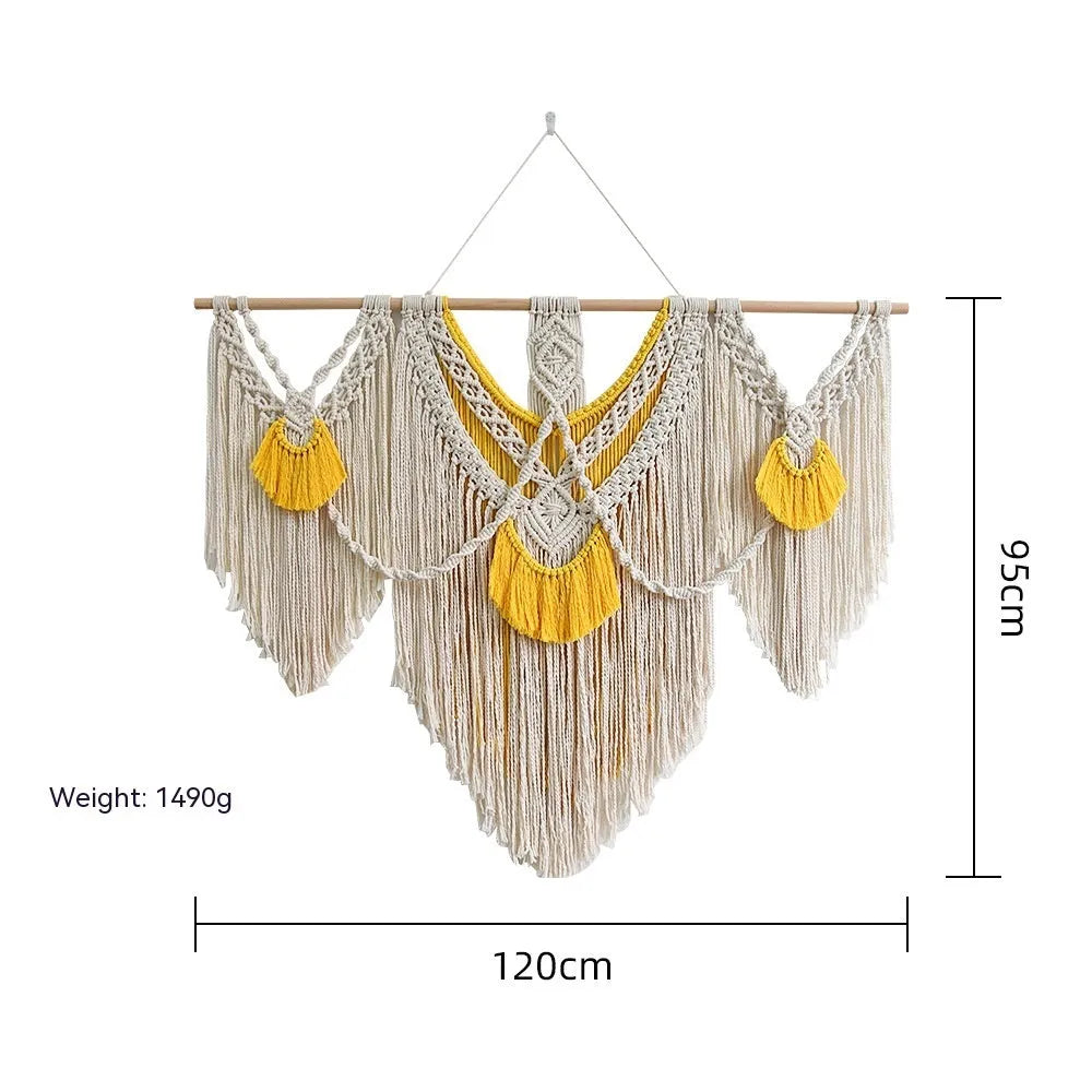 Hand-woven creamy white cotton tapestry with rectangular shape measuring 120cm by 95cm, showing textured Nordic style weaving