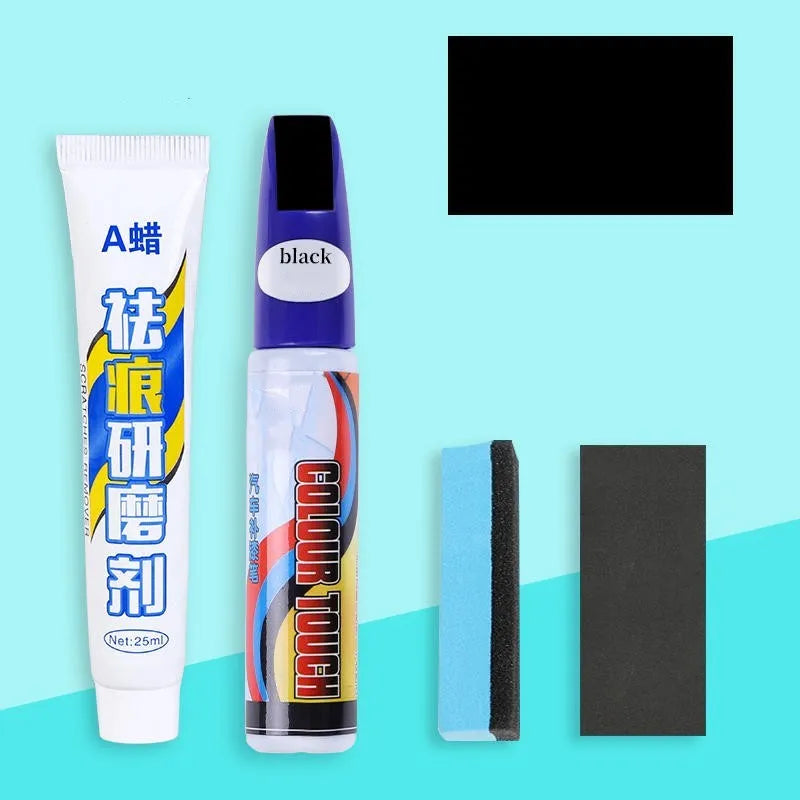 Automotive scratch repair kit with paint pen, wax tube, sponge, and sandpaper for DIY car paint touch-up.