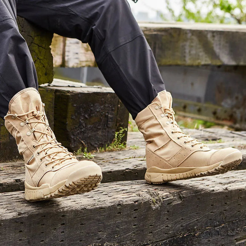 Summer Yulong Combat Boots in black and sand colour, tactical desert climbing footwear for men and women.