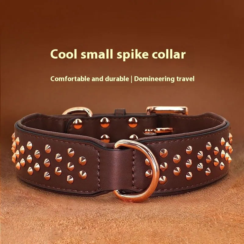 Leather dog collar with rivet construction in black colour showing anti-bite design