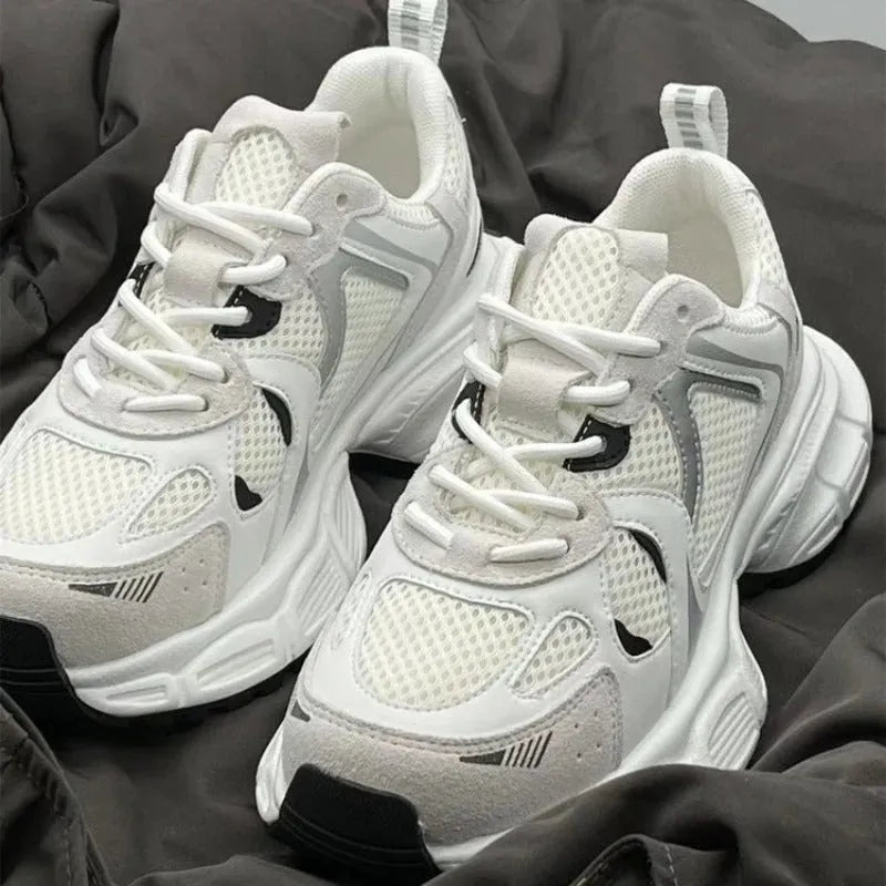 Polar Wave beige mesh platform sports shoes with wedge heel and lace-up front