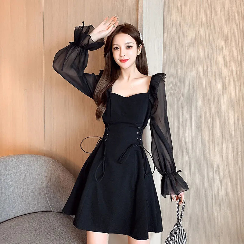 White chiffon patchwork women's dress with waist-slimming design and long sleeves