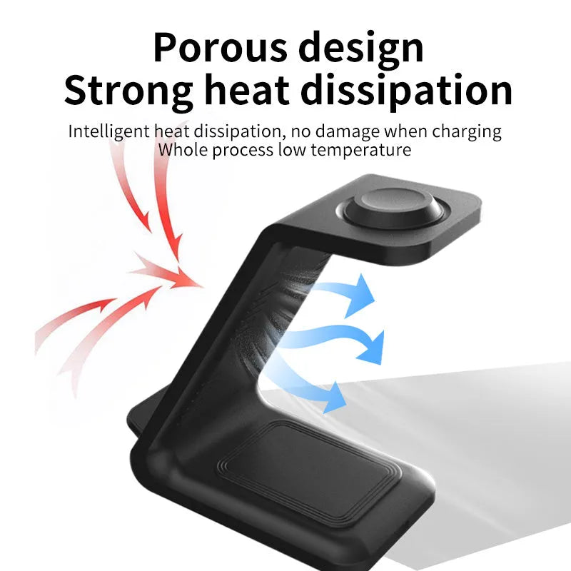 White upright wireless charging phone stand holding a mobile phone, with a black Type-C cable plugged in.