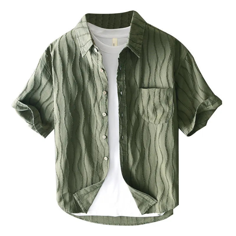 Men's pure cotton short sleeve casual shirt in apricot colour with loose fit Japanese style