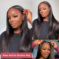A lady wearing a long, straight, glueless human hair wig with side bangs.