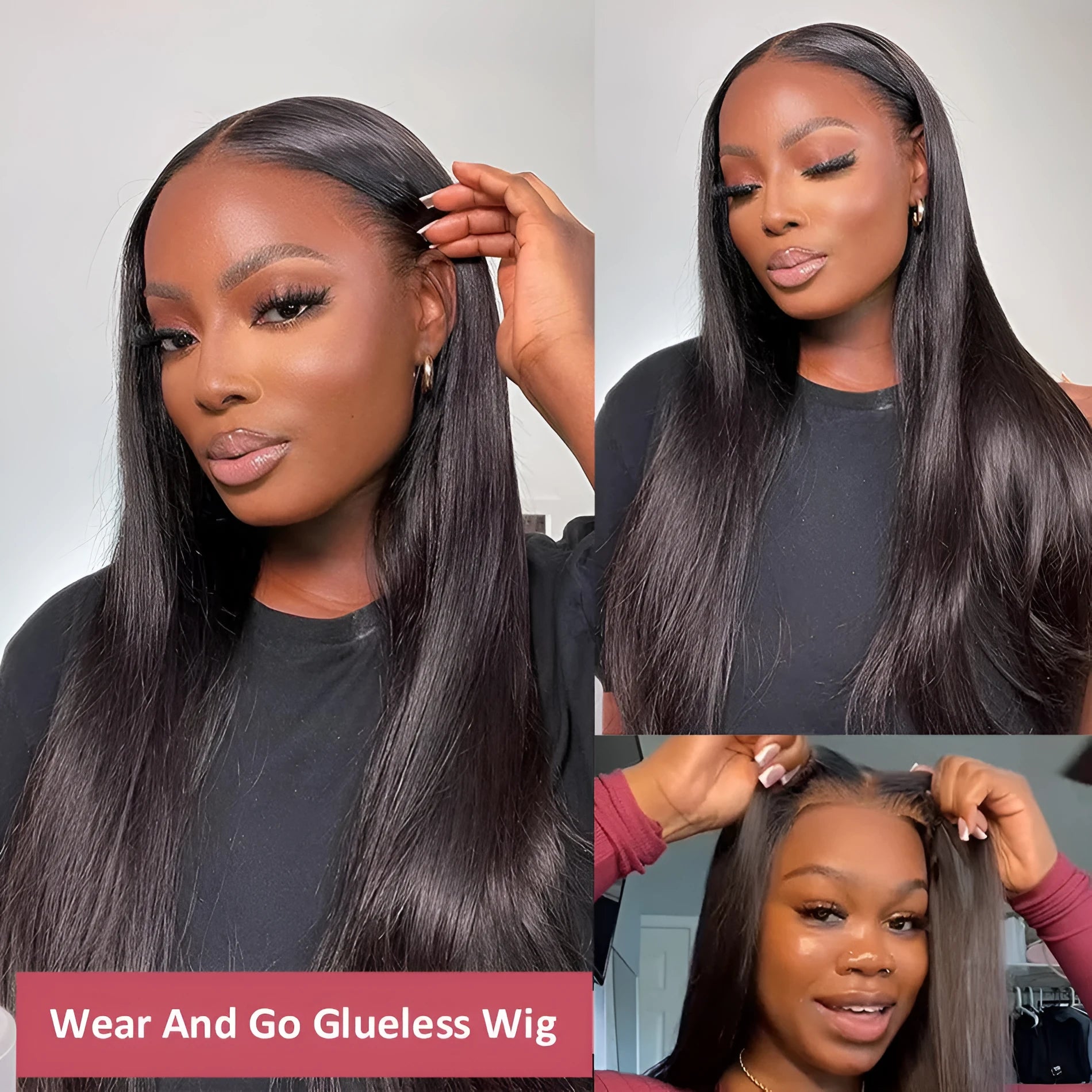A lady wearing a long, straight, glueless human hair wig with side bangs.