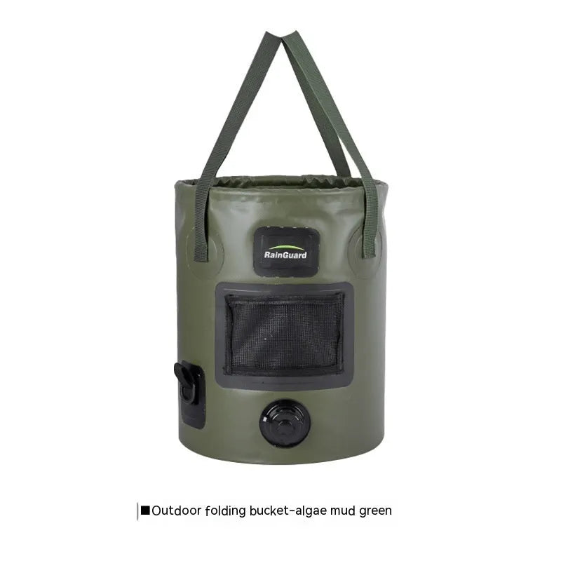 Lemon yellow collapsible plastic fishing bucket with 25-litre capacity shown next to folded version.