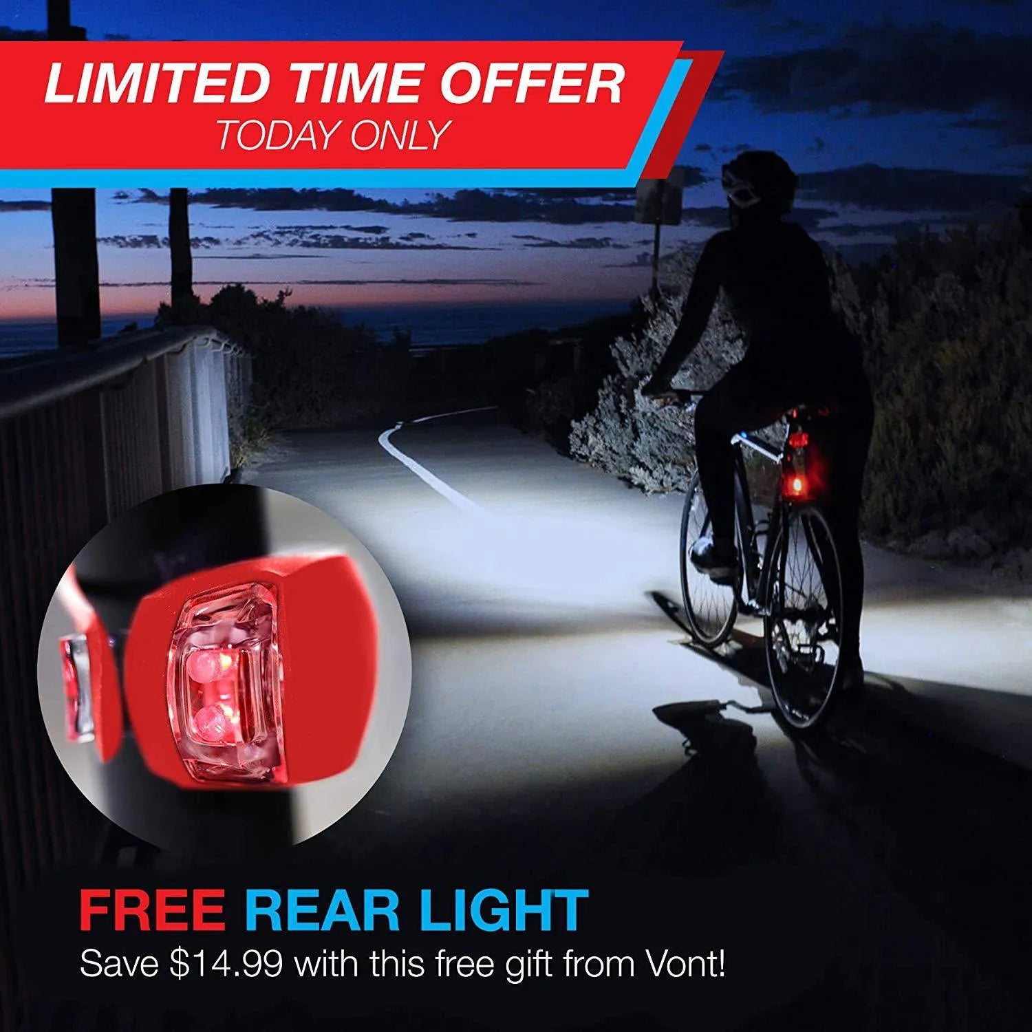 Bicycle headlight and taillight set with a black mounting bracket on a handlebar