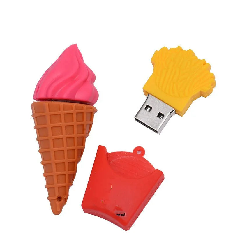 Mini ice cream shaped USB flash drive in pink colours on a white background.