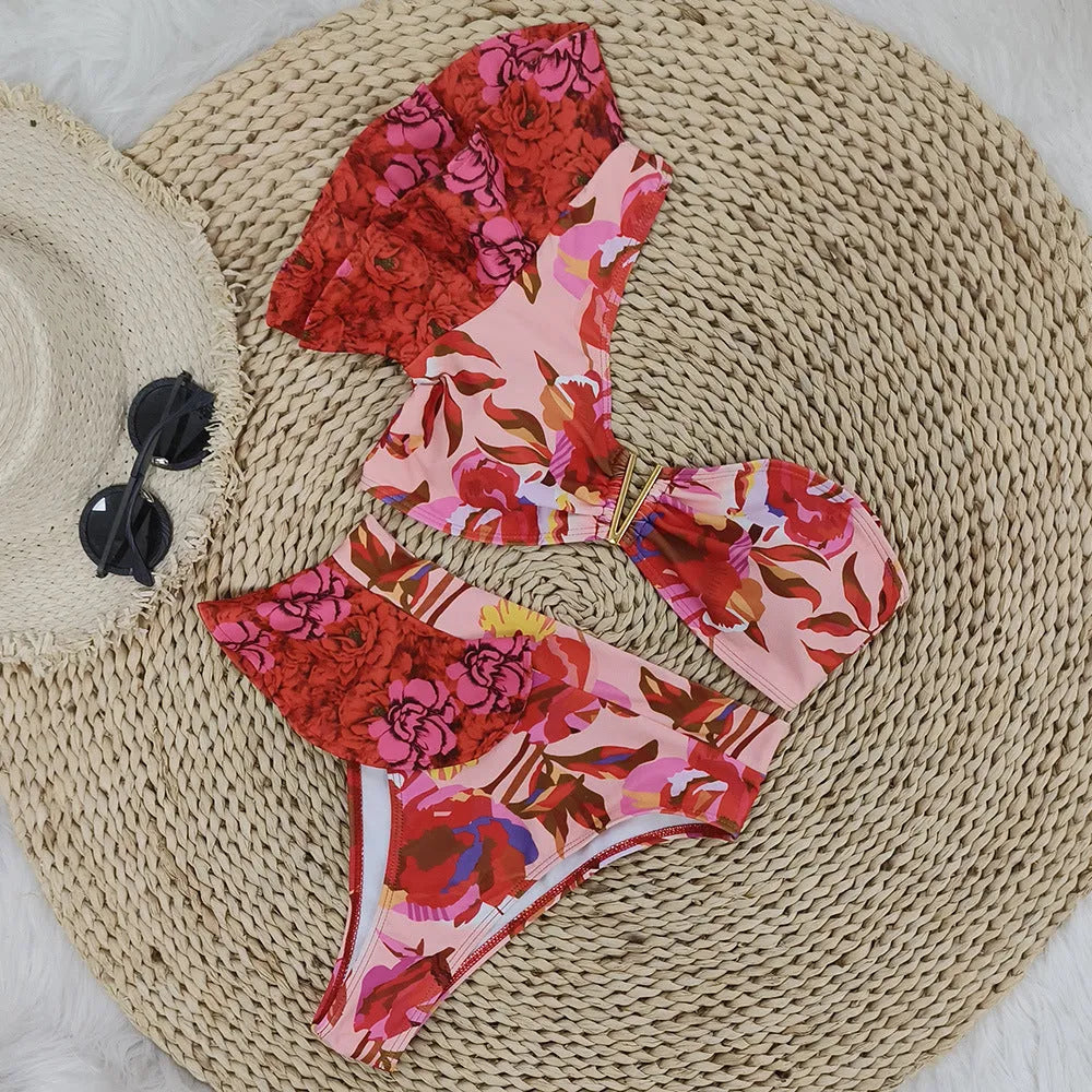 Pink floral print one-shoulder ruffled high-waist women's bikini swimsuit