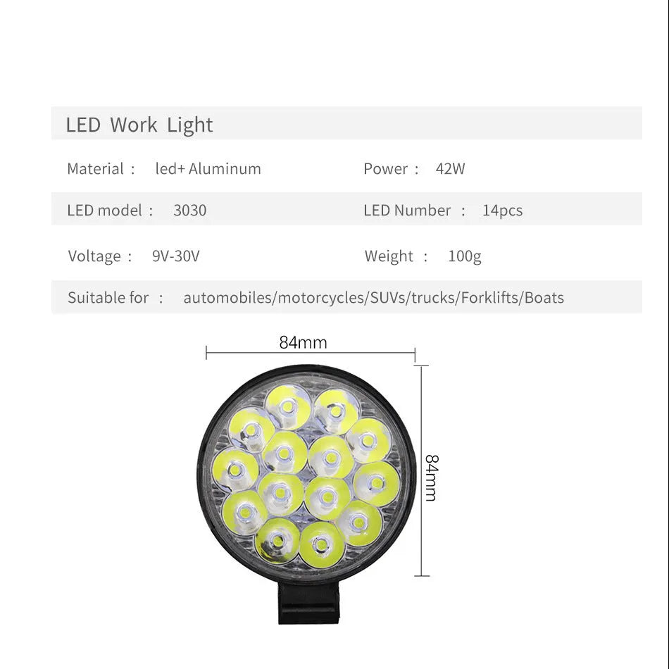Compact round white LED work light with aluminium housing, suitable for mounting on a vehicle.