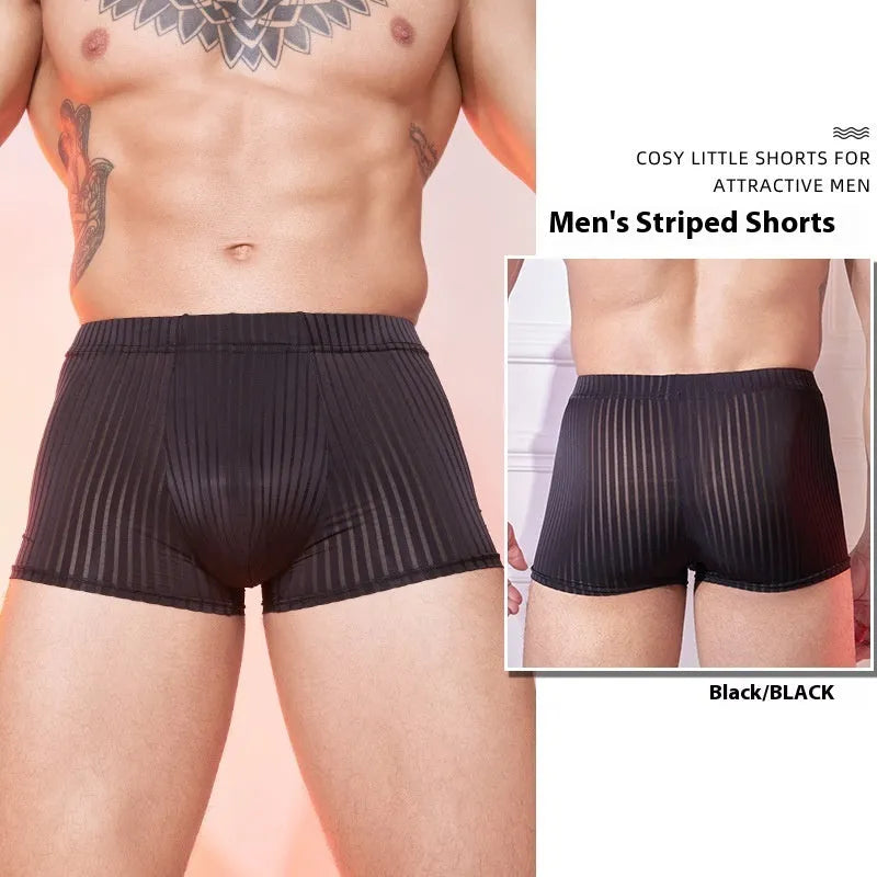 Men's striped nylon underwear in black, shown flat, highlighting thin fabric and free-size fit.