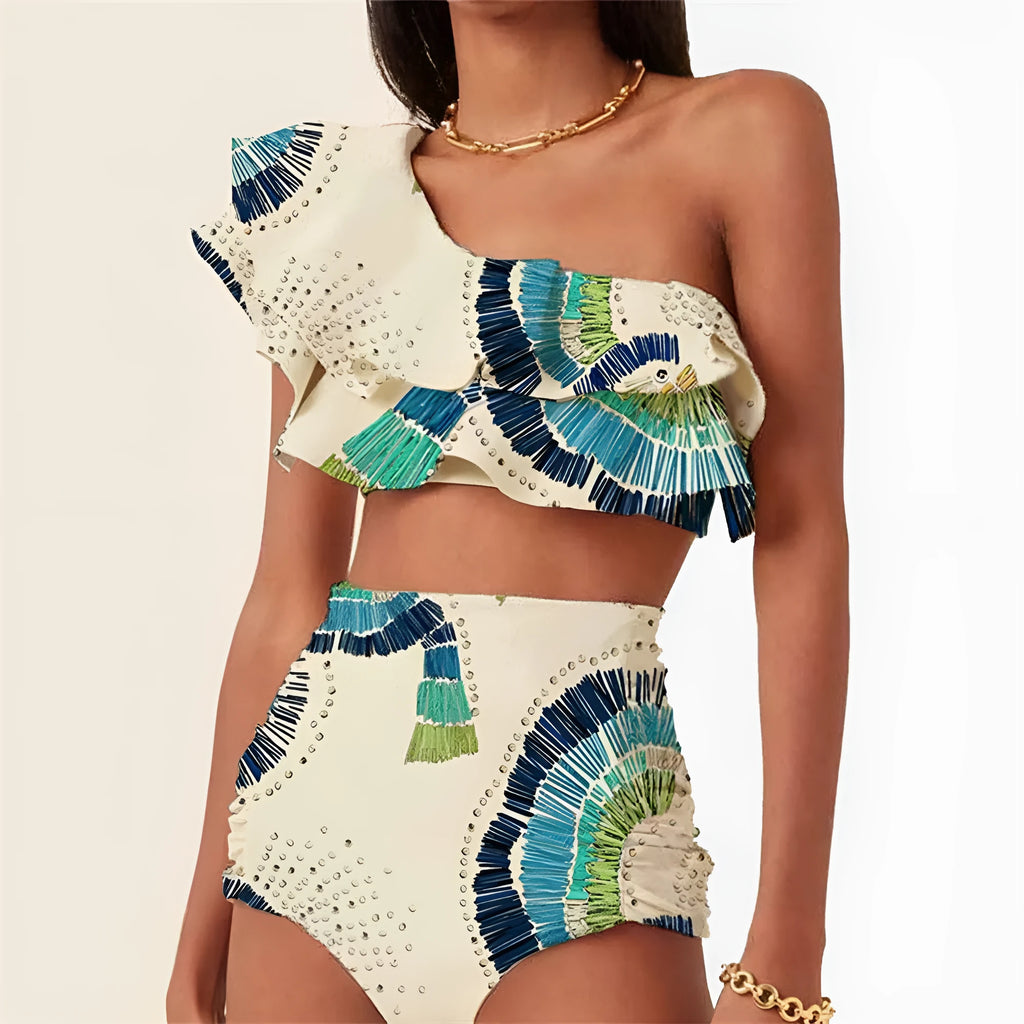 White women's one-shoulder swimsuit with double-layer lotus leaf detailing and split bikini style