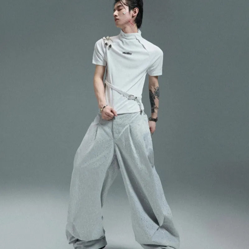 Men's black cotton T-shirt with metal belt design and stand-up collar slim fit styling