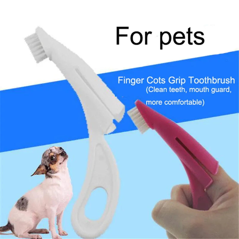Red and white finger-sleeve toothbrush for cleaning dog and cat teeth, with soft silicone bristles.