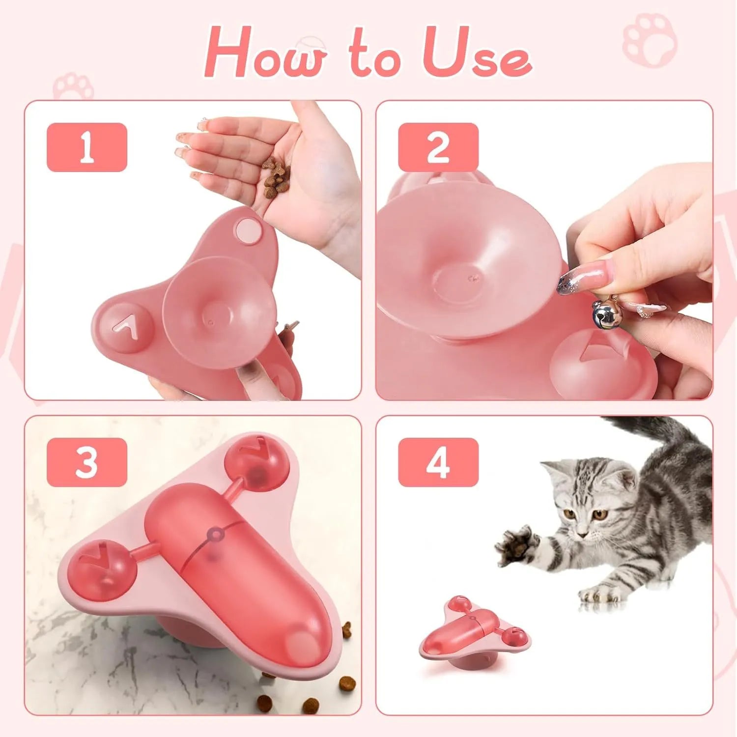 Blue interactive pet puzzle toy with bell, catnip pouch, and clear snack cabin on a suction cup base.