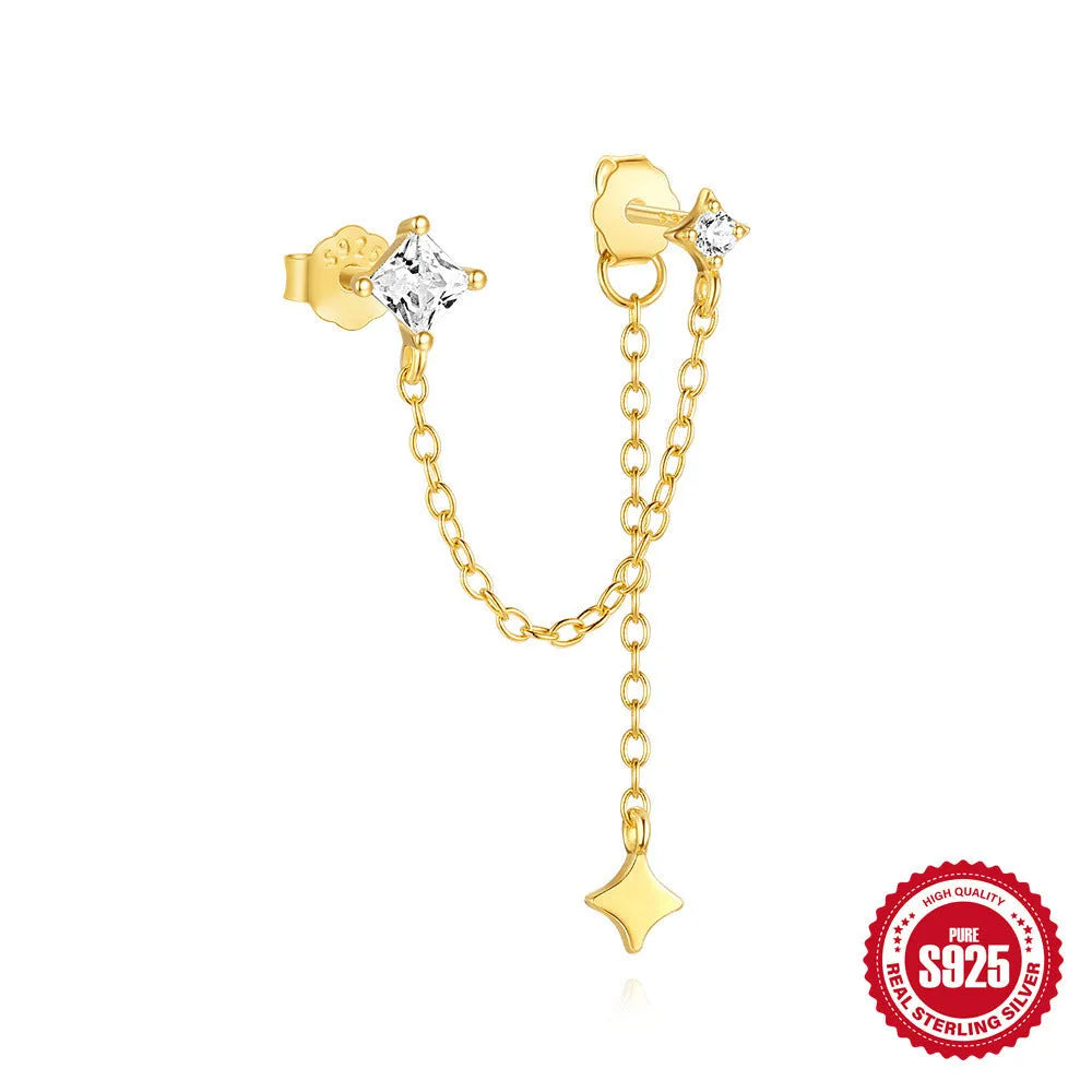 Golden S925 sterling silver earrings with zircon stones in clover, crown, chain, and double piercing designs.