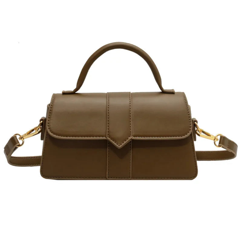Women's brown PU leather messenger bag with horizontal square design showing sandwich pocket