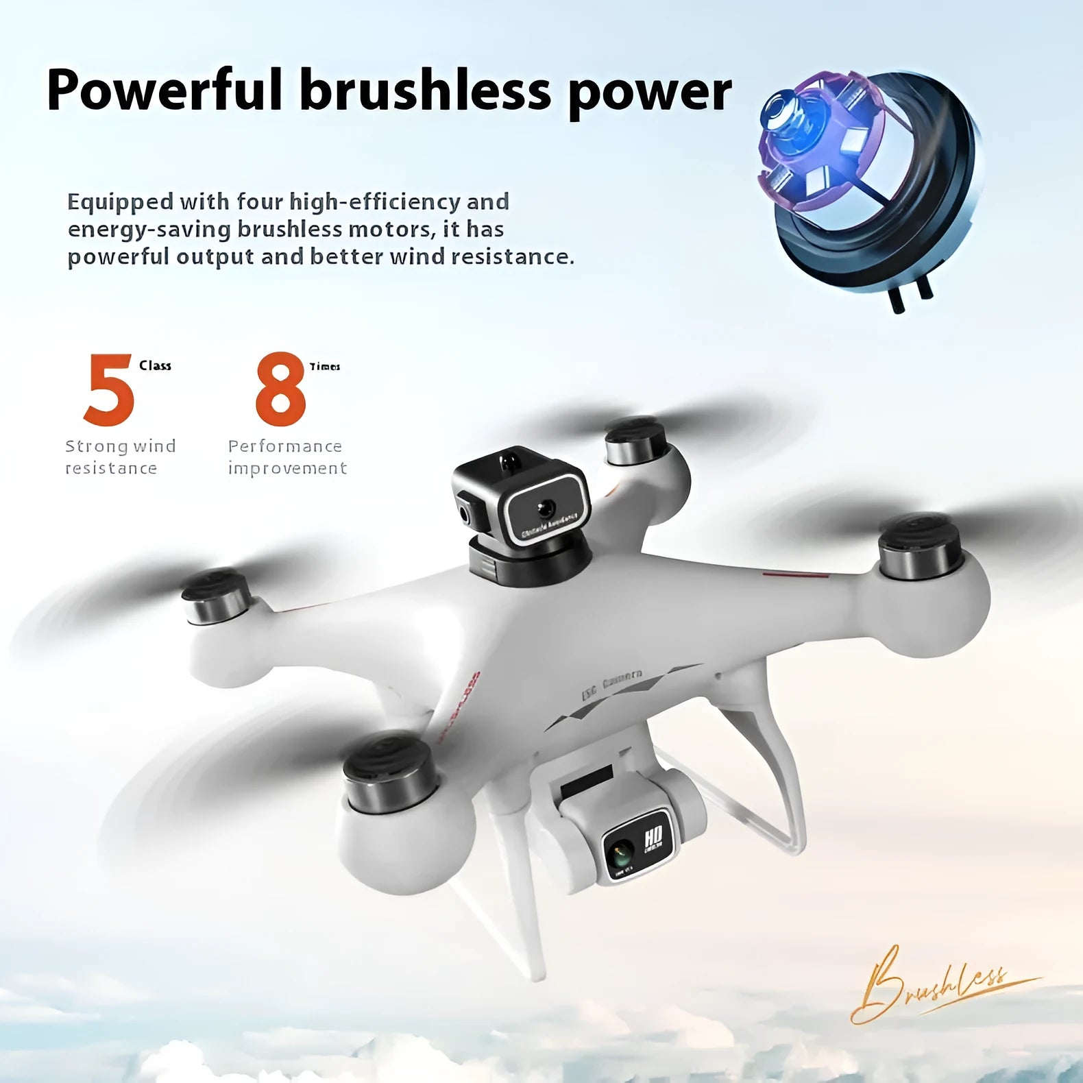 Black S116 brushless quadcopter drone with four rotors and a dual HD camera on a white background