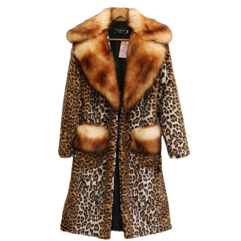 Long leopard print artificial fur jacket for women, shown as a full-length coat.