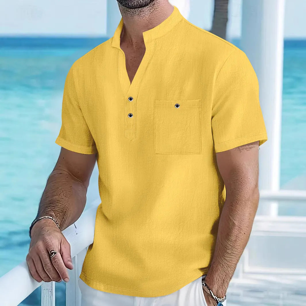 Men's linen blend stand collar T-shirt in light blue with short sleeves and loose fit