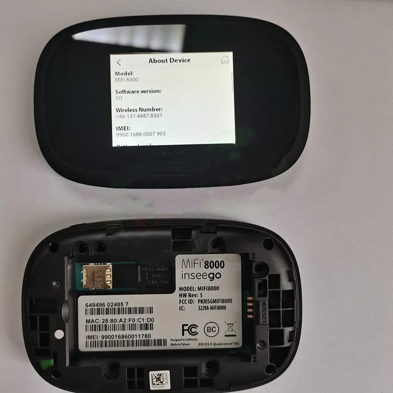 Black mifi8000 4G portable wireless router with battery and cable on a white background.