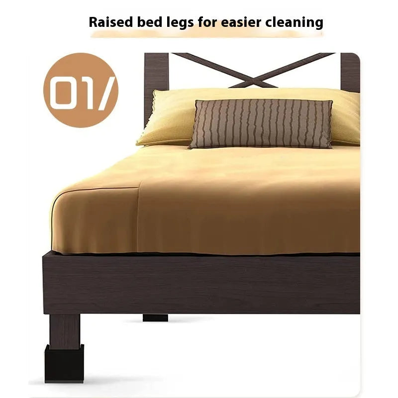Four black plastic bed foot mats for raising furniture height with modern simple style