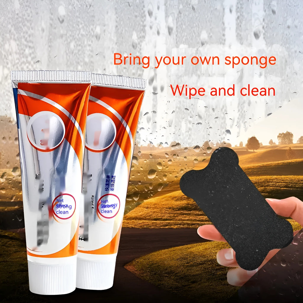 White car windscreen cleaning agent paste in a 13.2cm bottle for removing oil stains from glass.