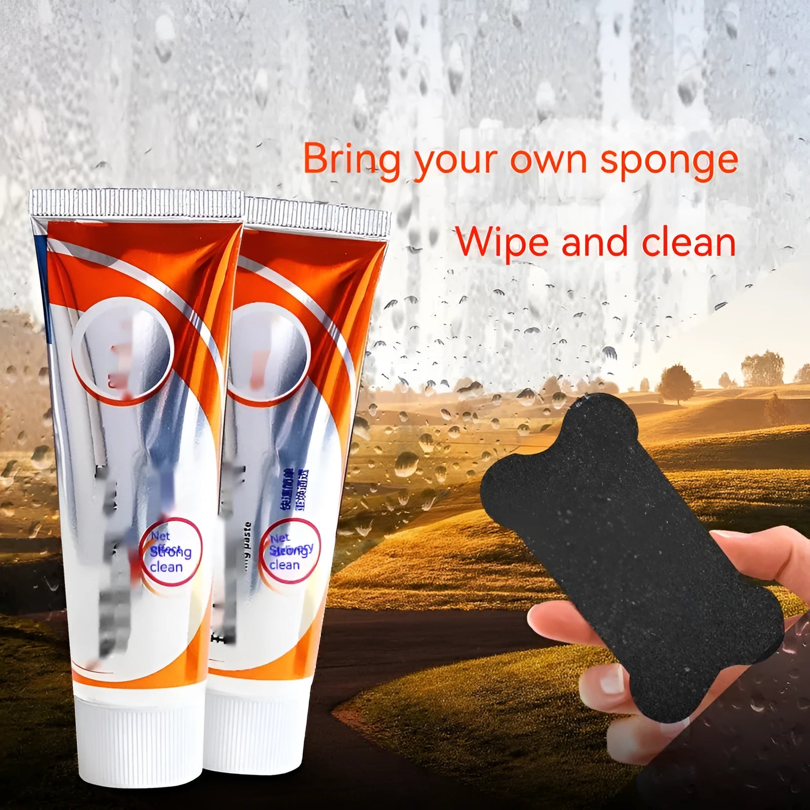 White car windscreen cleaning agent paste in a 13.2cm bottle for removing oil stains from glass.