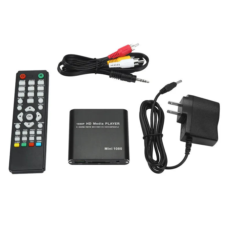 Compact blue or black 1080P media player with HDMI USB ports and all metal casing