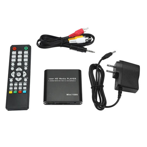 Compact blue or black 1080P media player with HDMI USB ports and all metal casing