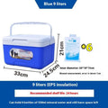 Blue insulated lunch box with aluminium foil interior, available in multiple capacity sizes.