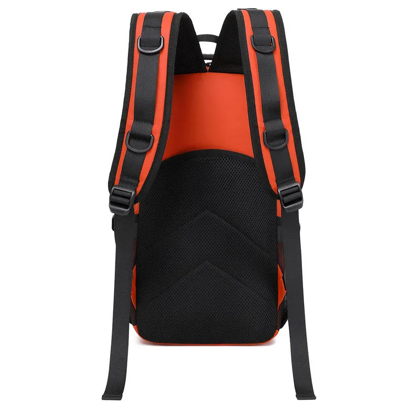 Orange and black outdoor backpack with 20-35 litre capacity for hiking and camping adventures