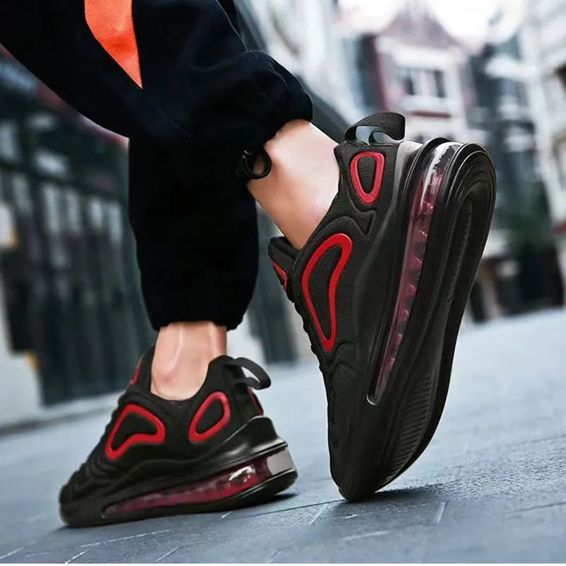 Men's black casual running sneakers with air cushion, lace-up front, and thick sole.