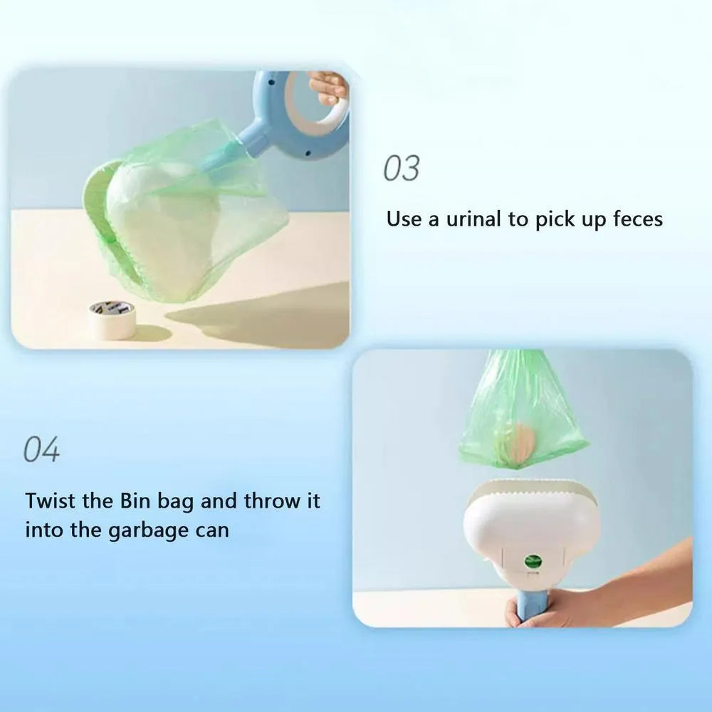 White blue and beige coloured cloud jaw design dog pooper scooper on a green lawn.
