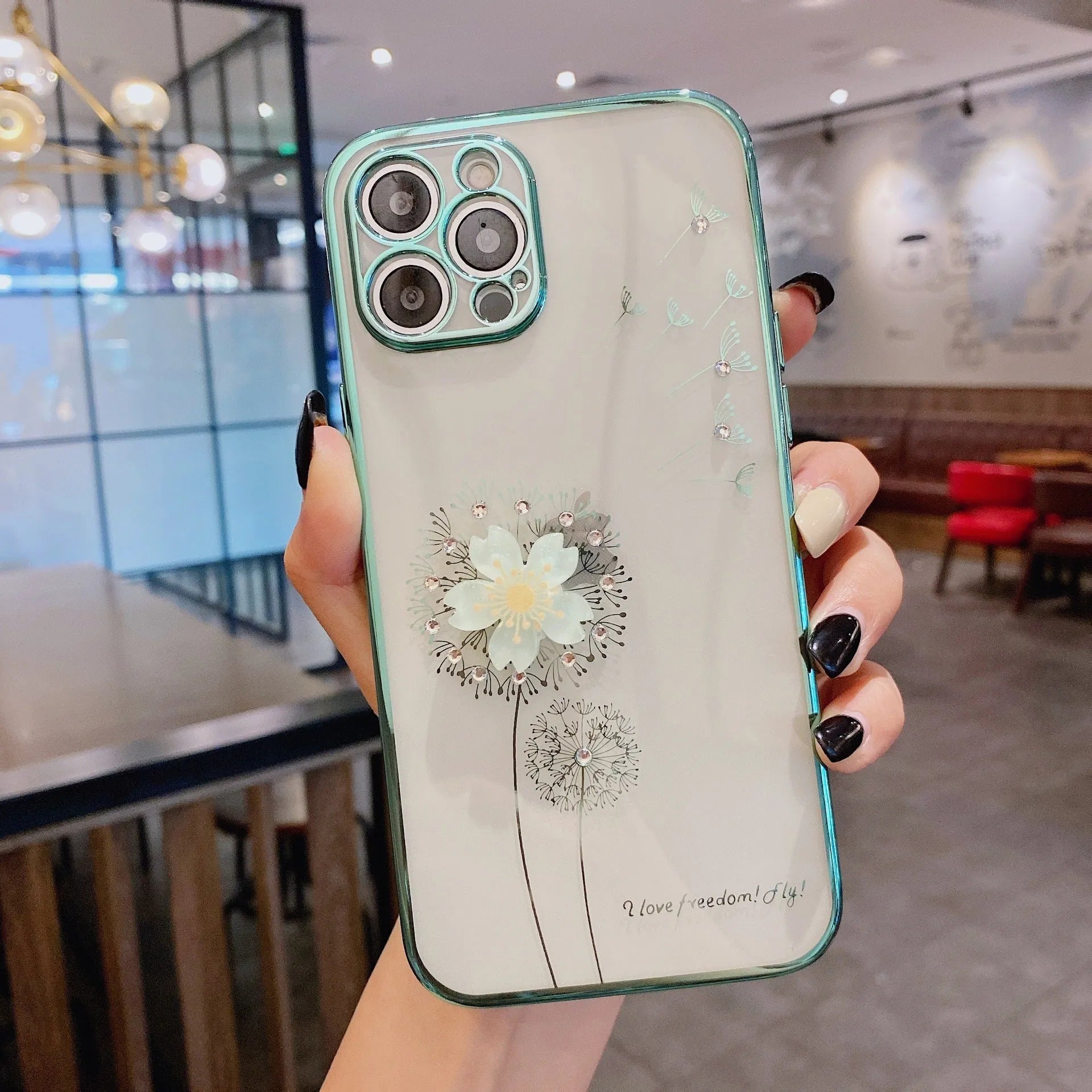 Green 3D flower design iPhone case with built-in spin stand holder and screen protector