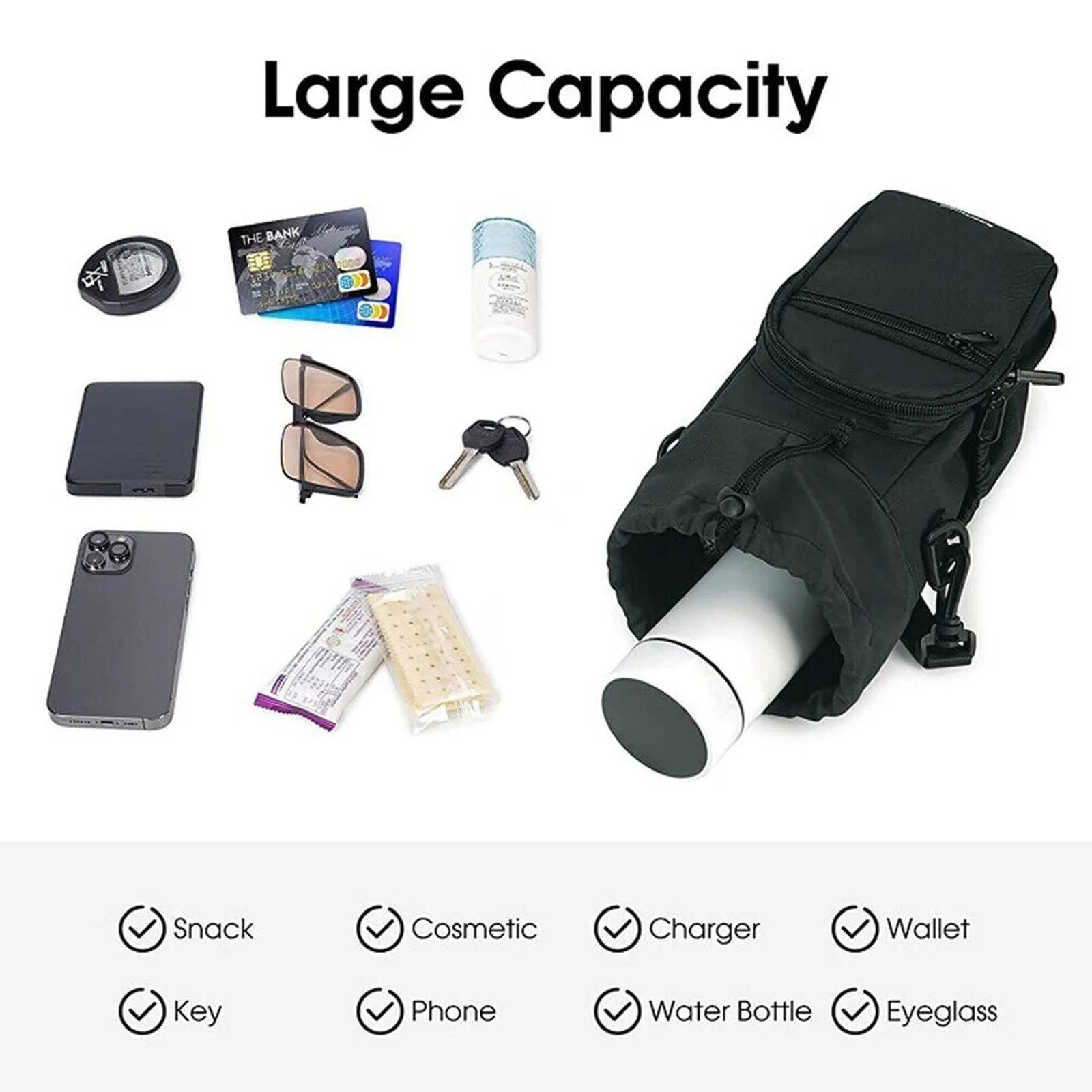 Cloth crossbody water bottle pouch shown in black, green, and pink colours with an adjustable strap.