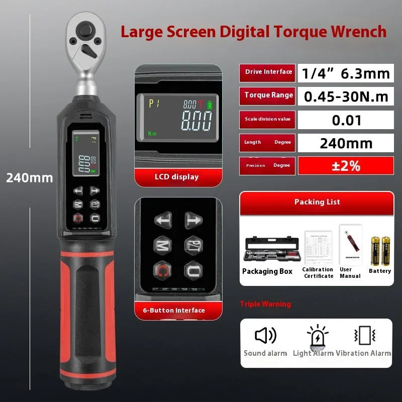 Electronic digital torque wrench with display showing torque measurement and chrome-vanadium steel construction